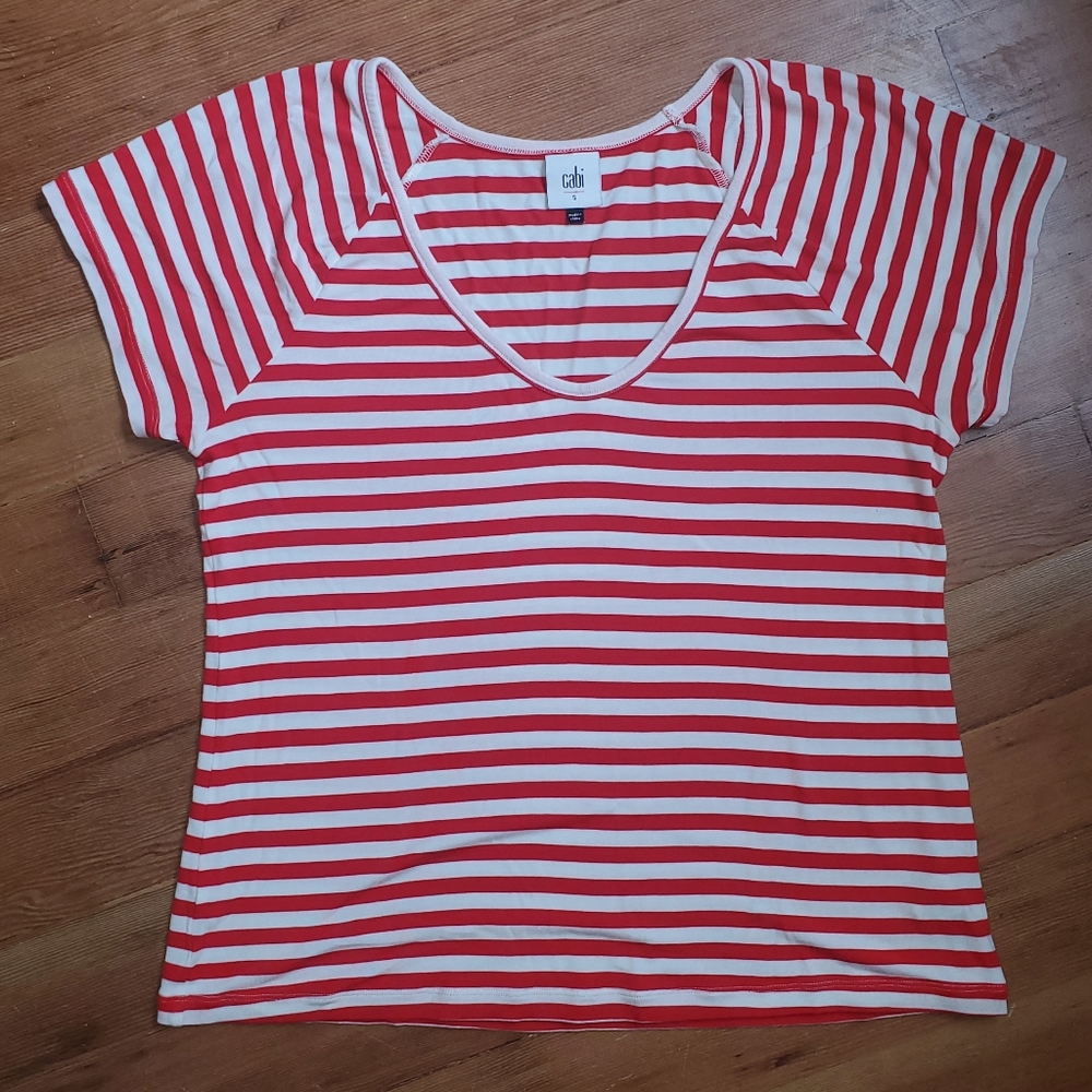 Cabi 5798 Red Striped Shrunken Short Sleeve V-Neck Tee 2020 Limited edition Sz S